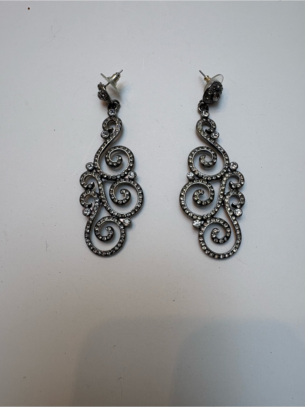 Rhinestone Scroll Drop Earrings - Silver Tone